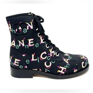 Chanel 2019 Interlocking CC Logo Combat Boots Black Multicolor Size 38.5
